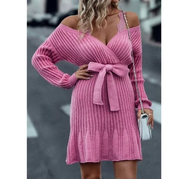 Lace Detailed Cold Shoulder Long sleeve Belted Sweater Dress Pink - Picture 6 of 9